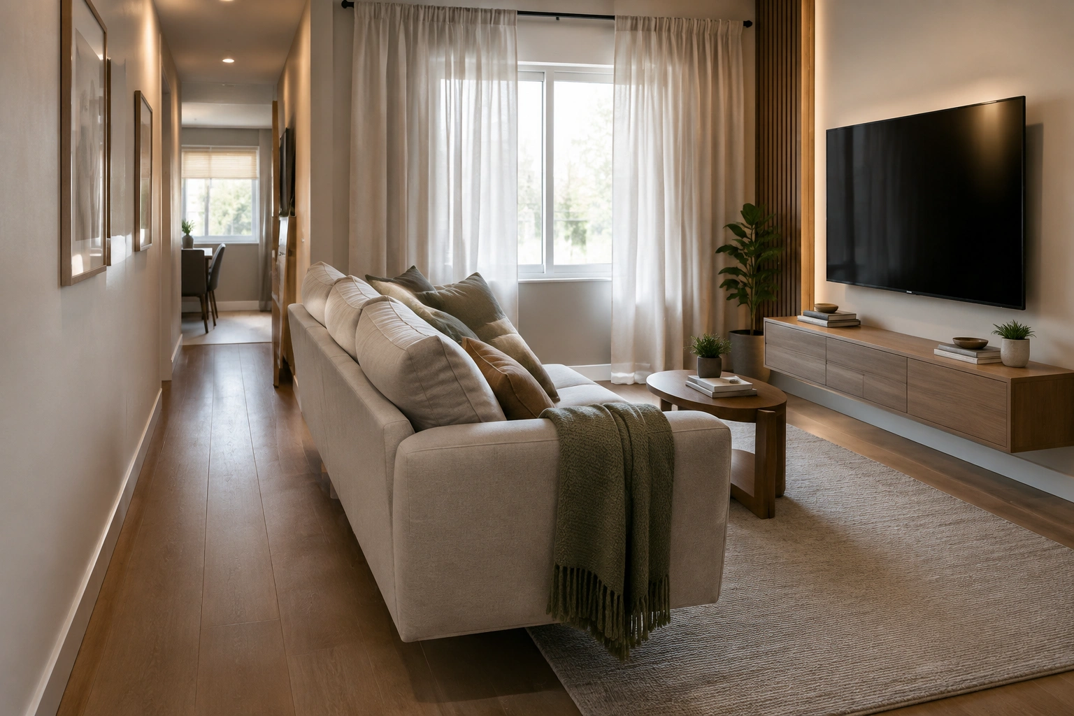 Angled sofa placement in a narrow living room with TV and window