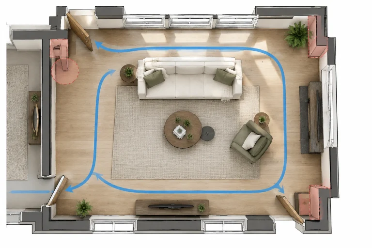 Living room floor plan with doors, windows, and walkway marked