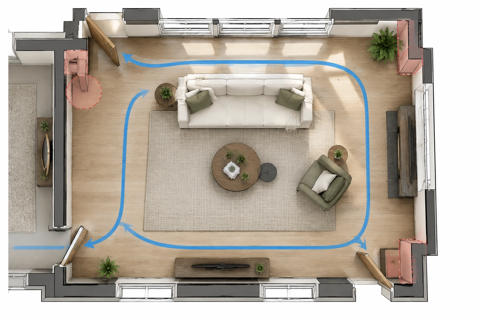 Living room floor plan with doors, windows, and walkway marked