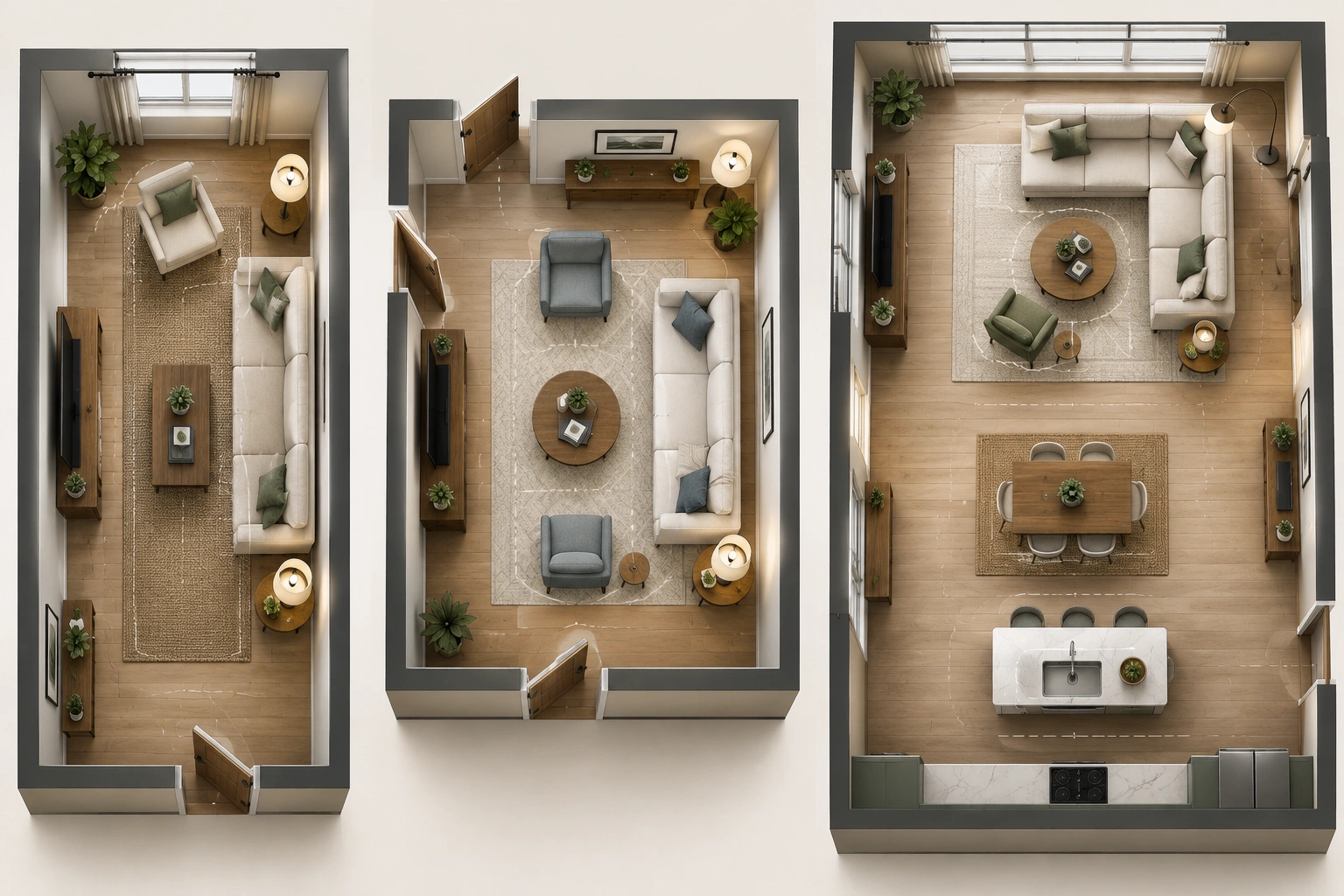 Three living room layout examples for narrow, small, and open-plan rooms