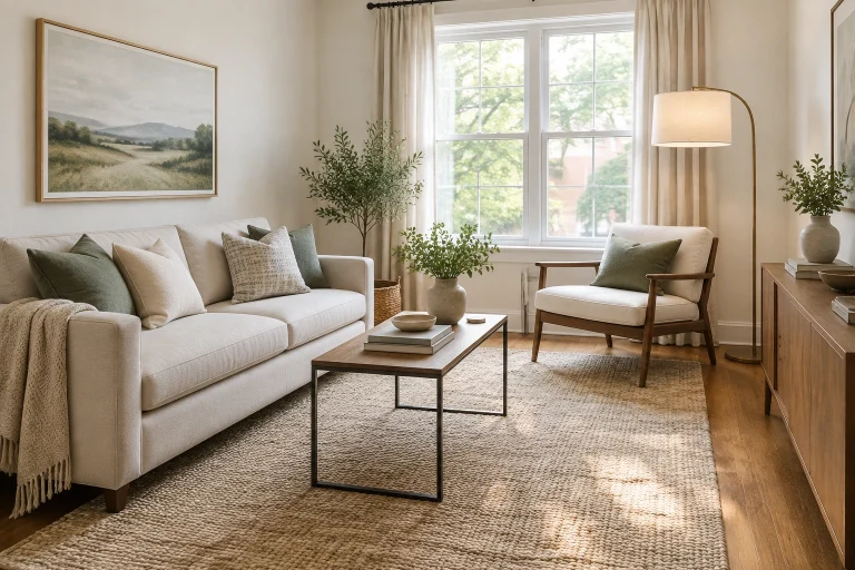 Balanced small living room layout with sofa, rug, chair, and lamp