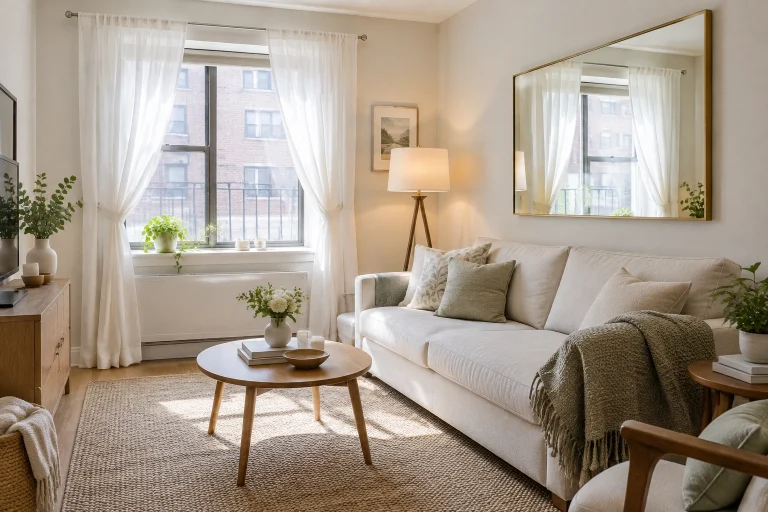 Small living room with sheer curtains, floor lamp, and mirror brightening the space