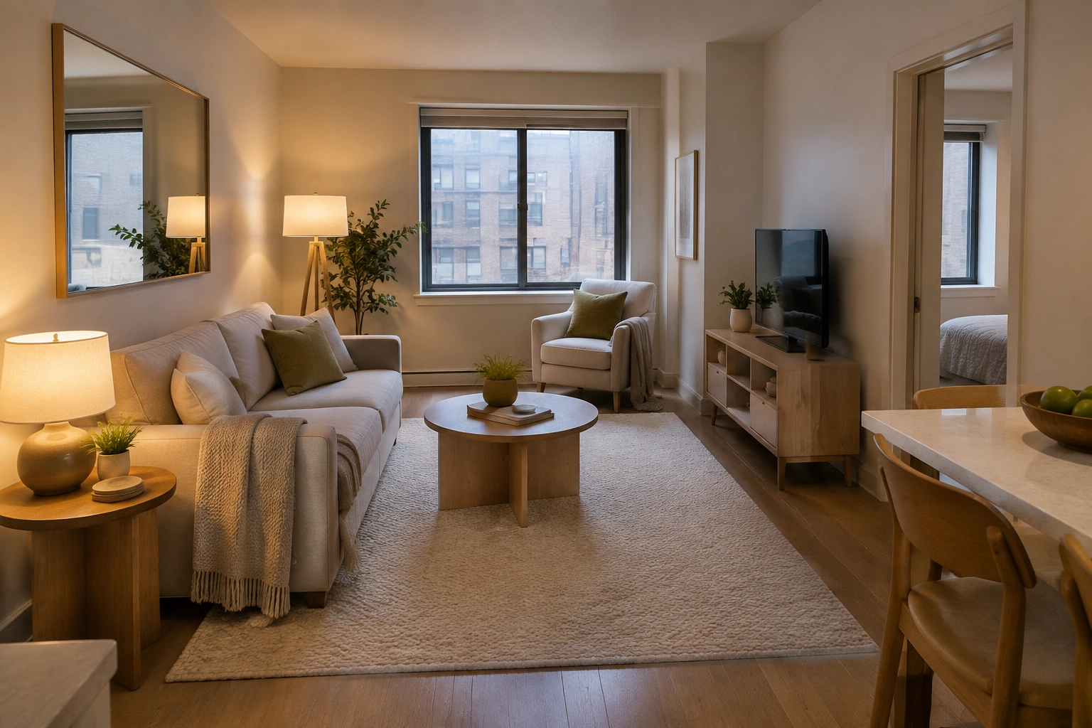 Finished small living room with light rug, mirror, and layered lighting