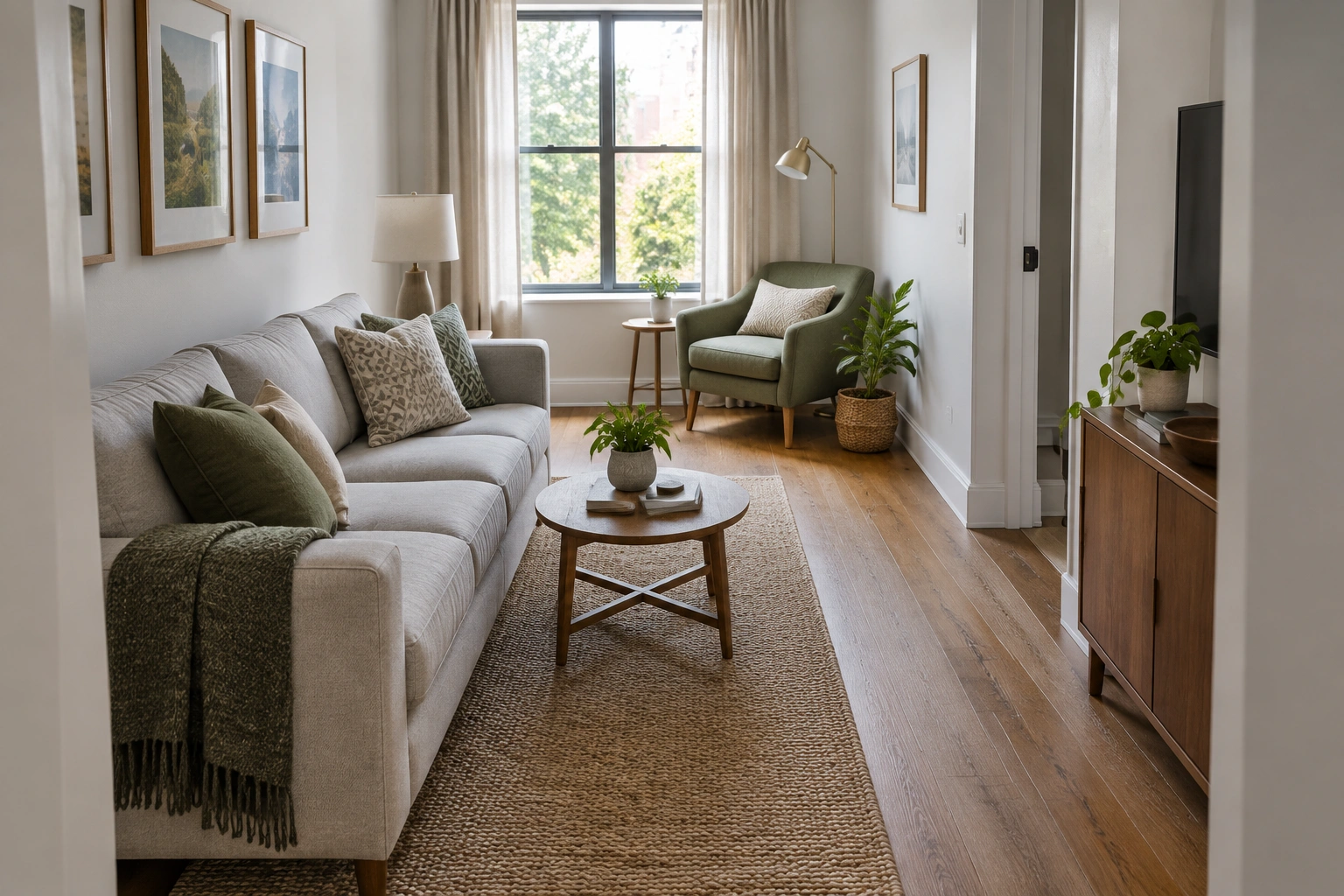 Accent chair placed diagonally in a narrow small living room