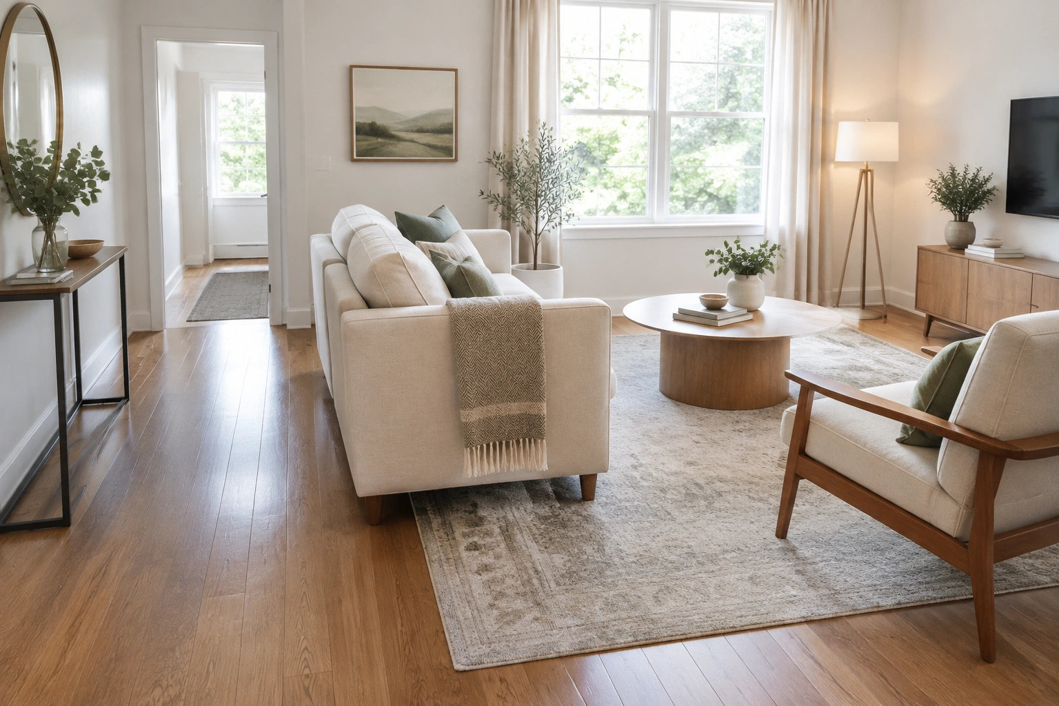 Small living room with a floated sofa, rug, and chair layout