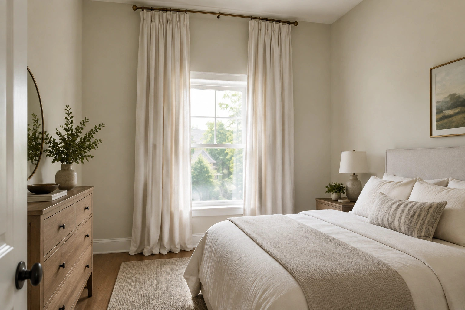 Curtain rod mounted high above the window with floor-length curtains in a small bedroom