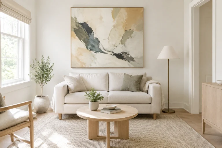 Large artwork centered above a sofa in a small living room