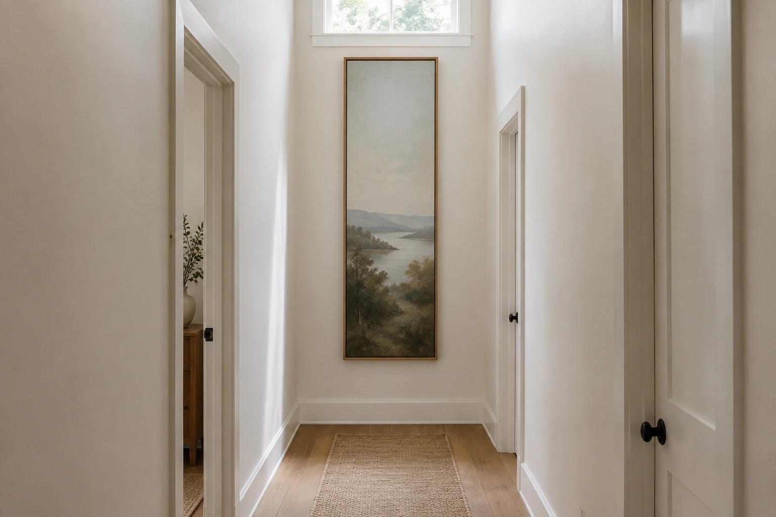 Tall framed artwork in a narrow hallway with simple styling