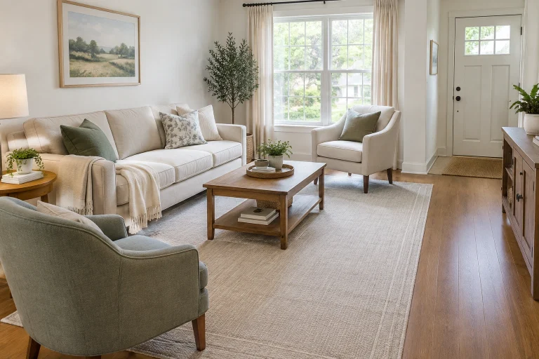 Small living room with a large rug under the front legs of a sofa and chairs