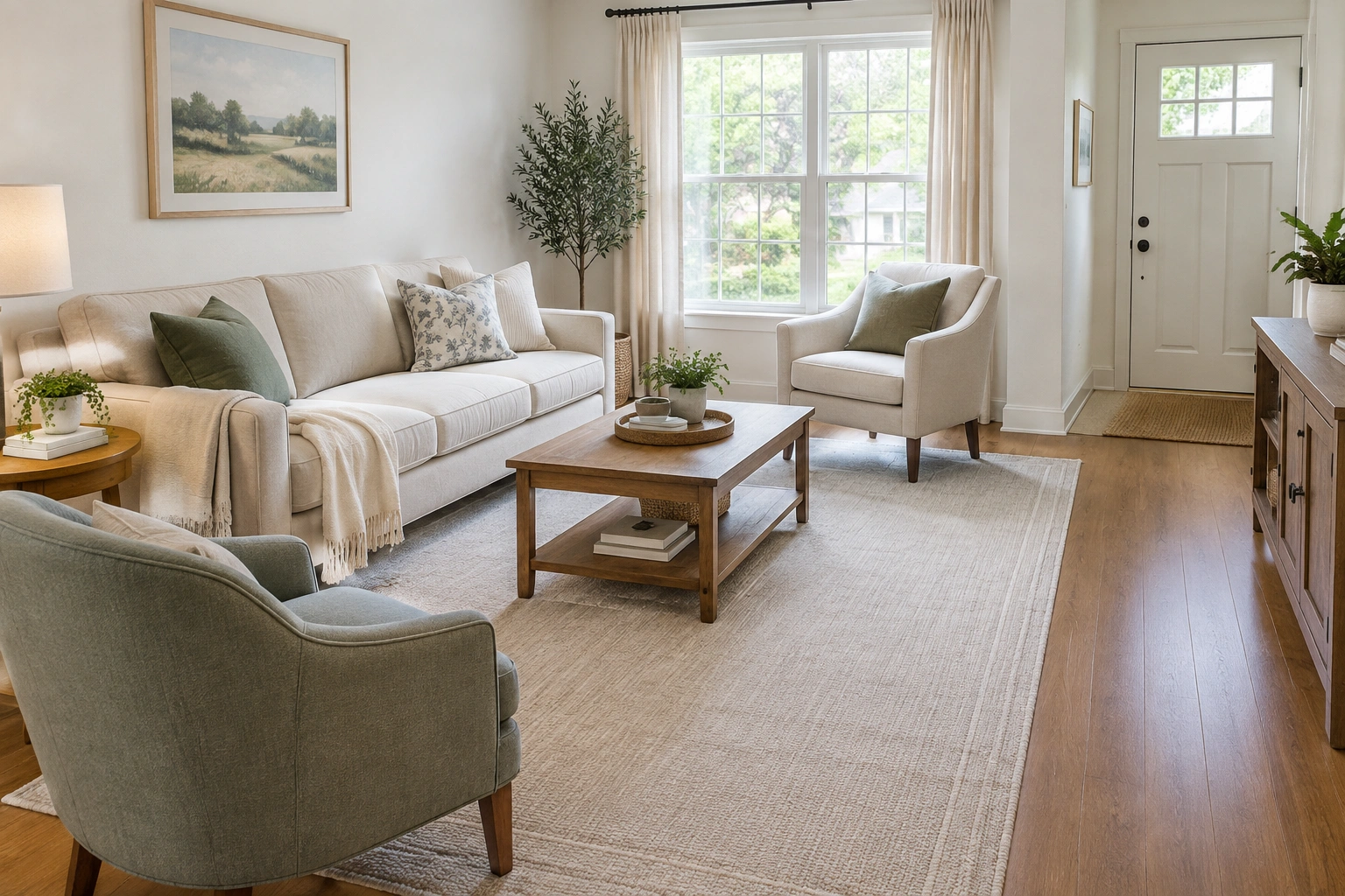 Small living room with a large rug under the front legs of a sofa and chairs
