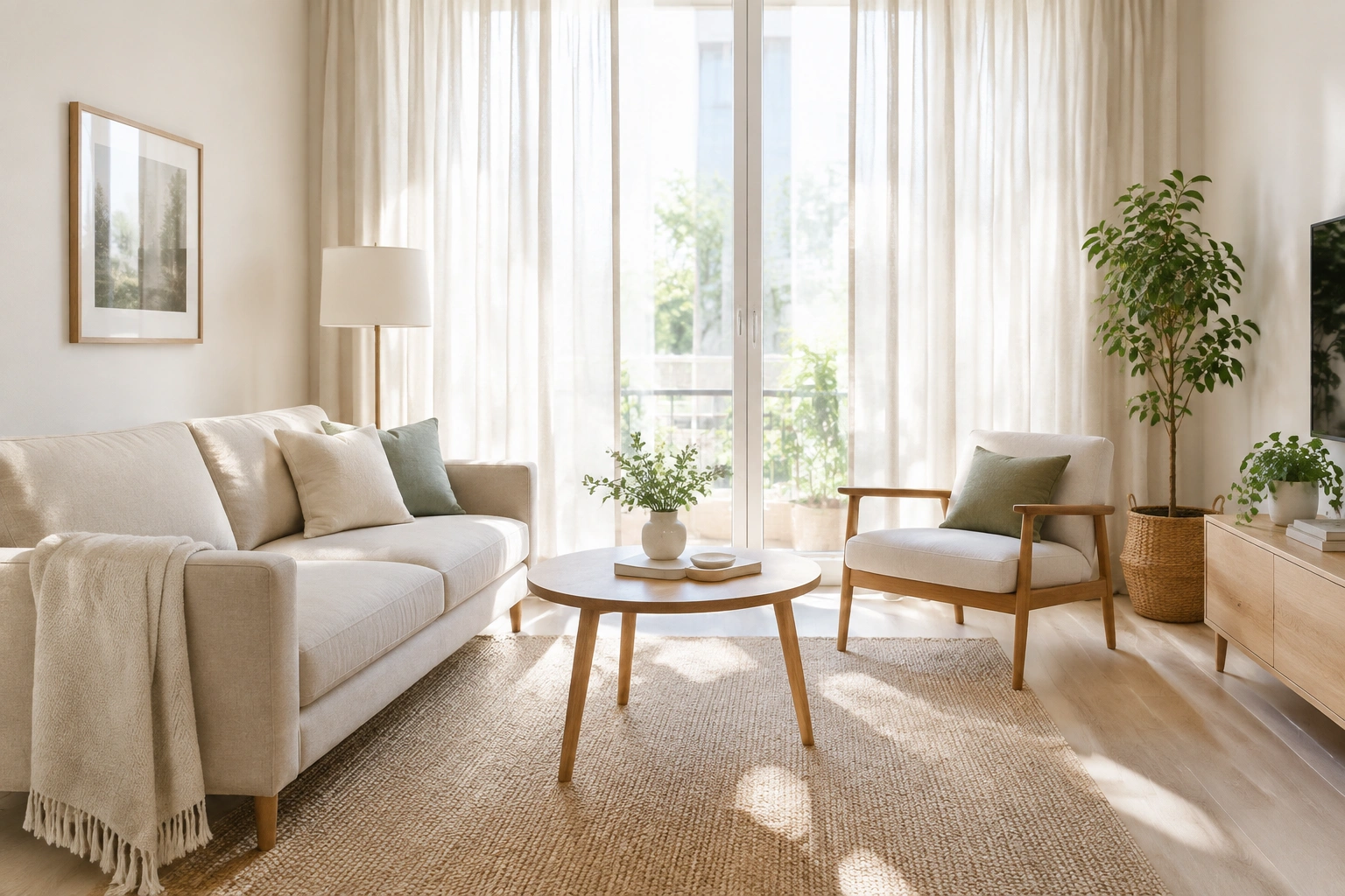 Bright light curtains hanging in a small room to make it feel larger