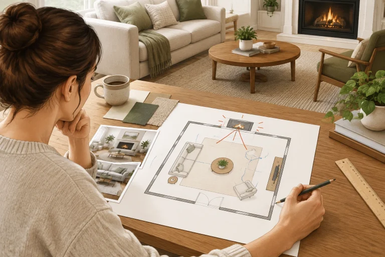 A simple living room layout planning sketch with sofa and focal point options