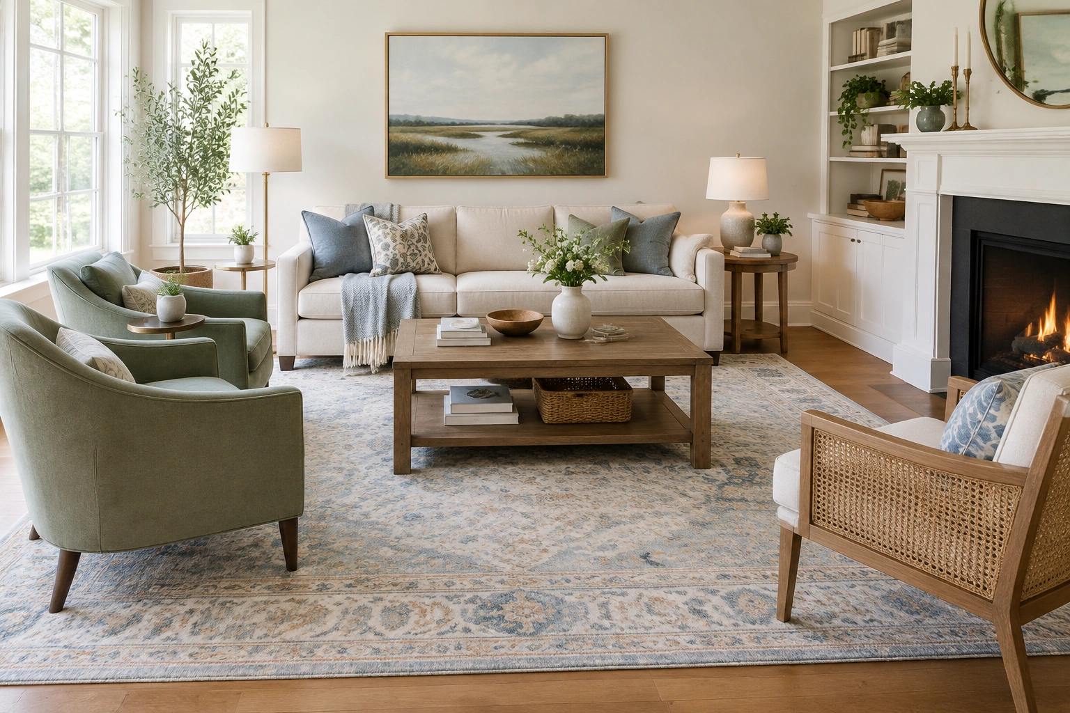 Living room seating area anchored by a large area rug with sofa and chairs