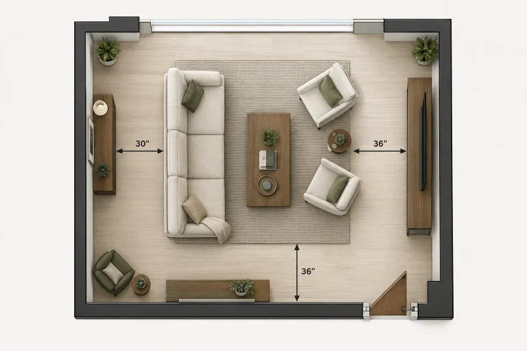 Living room layout showing minimum and comfortable walkway space