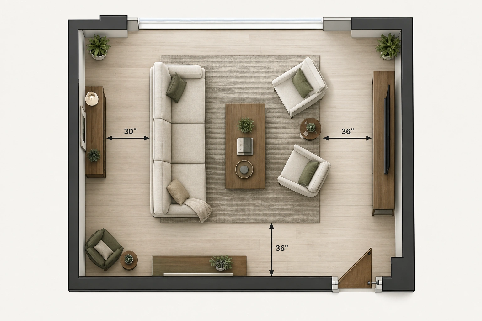 Living room layout showing minimum and comfortable walkway space
