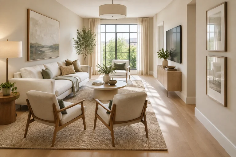 Long narrow room layout with clear walkway and centered seating group
