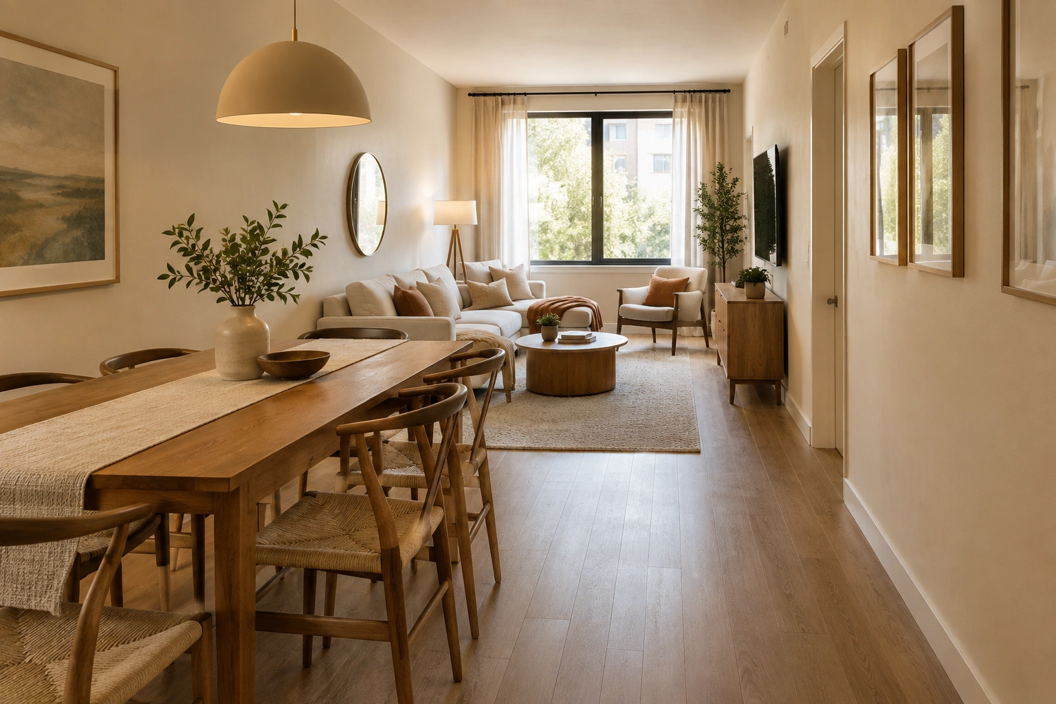 Long narrow living-dining combo with separate seating and dining zones