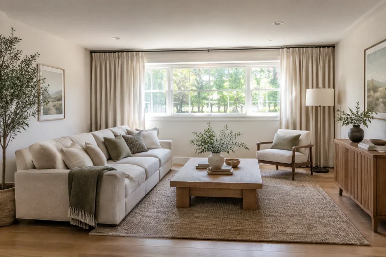 Low-ceiling living room with light walls and high curtains