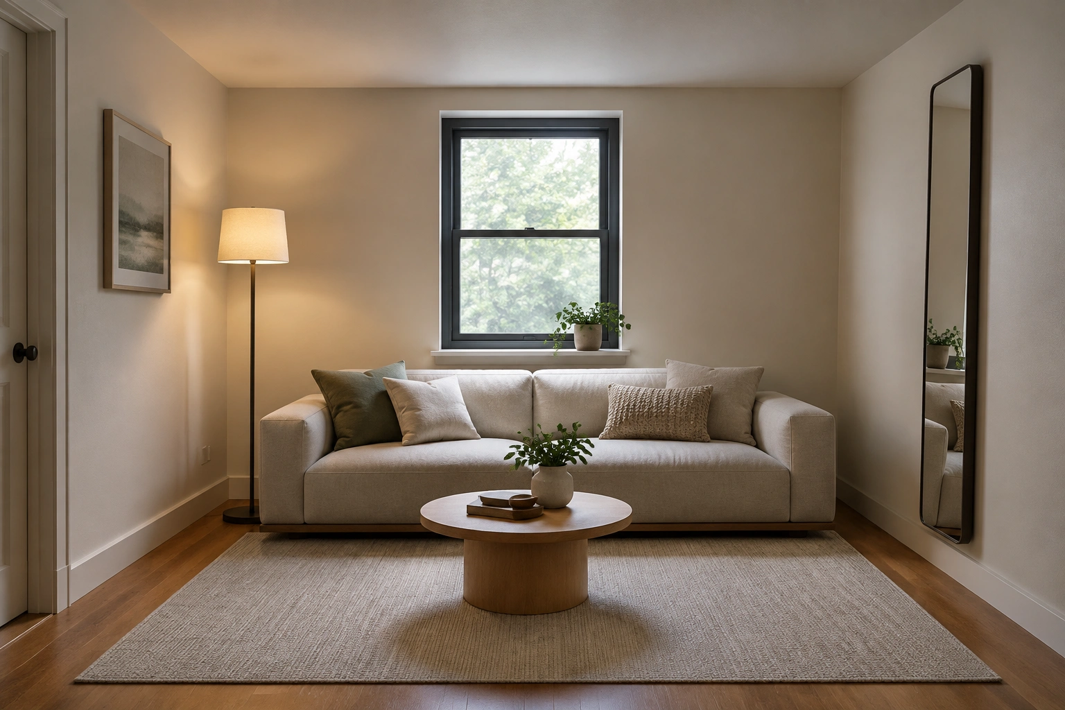 Low-profile sofa with tall slim mirror in living room