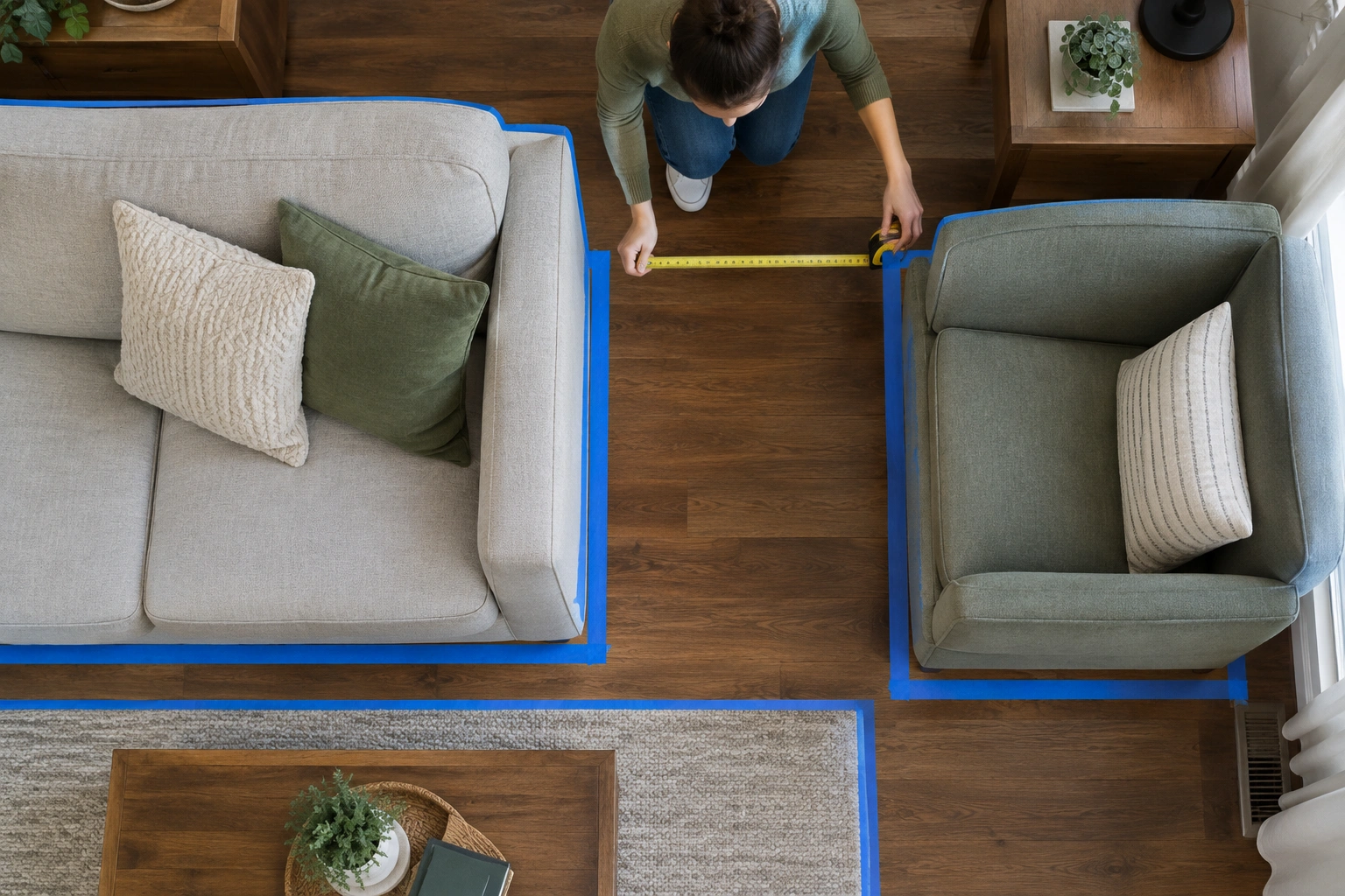 Tape measure showing walkway clearance between living room furniture
