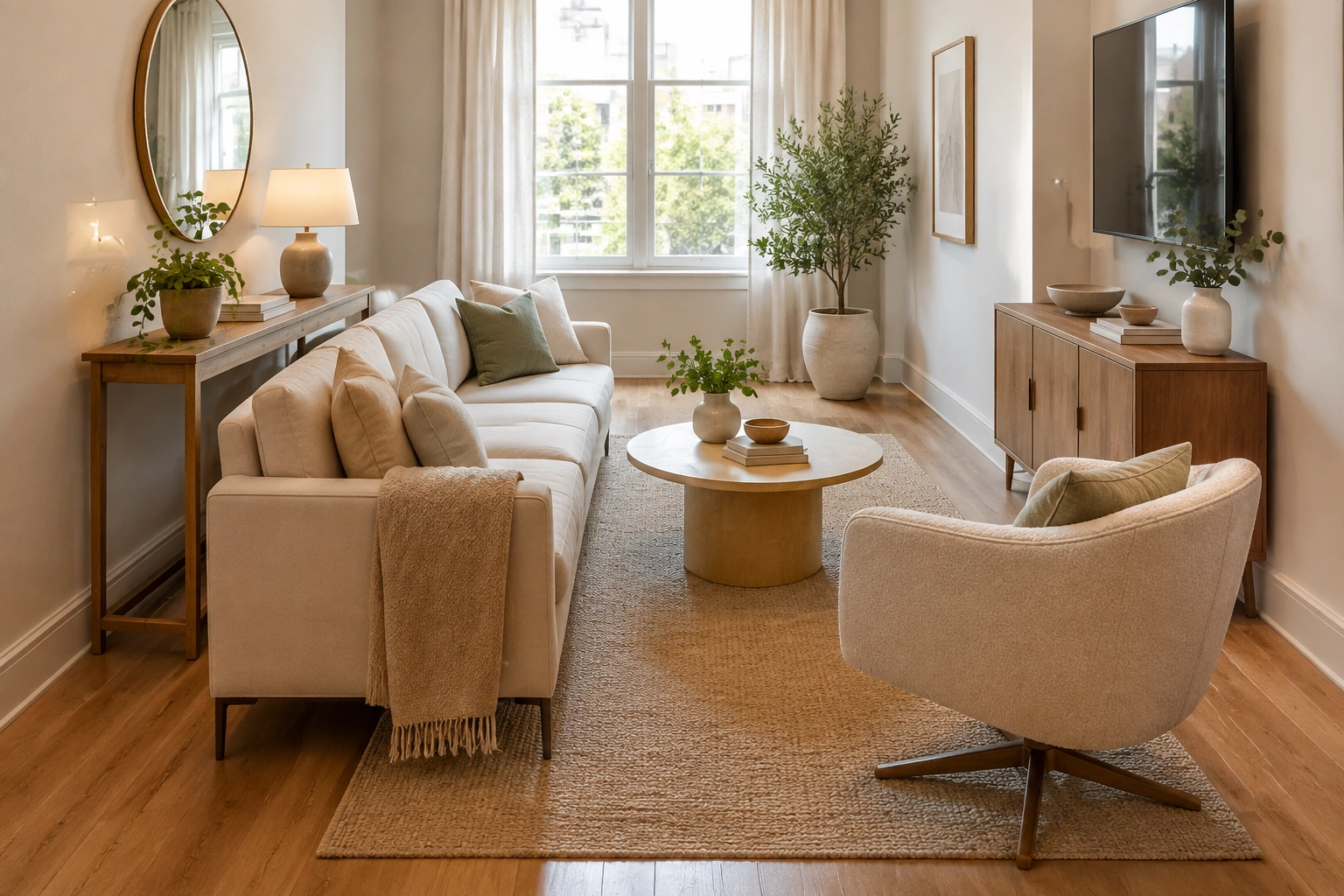 Narrow living room layout with slim sofa, coffee table, and clear walkway