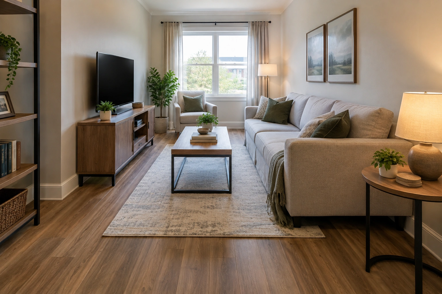 Narrow living room with flooring installed lengthwise to guide the eye