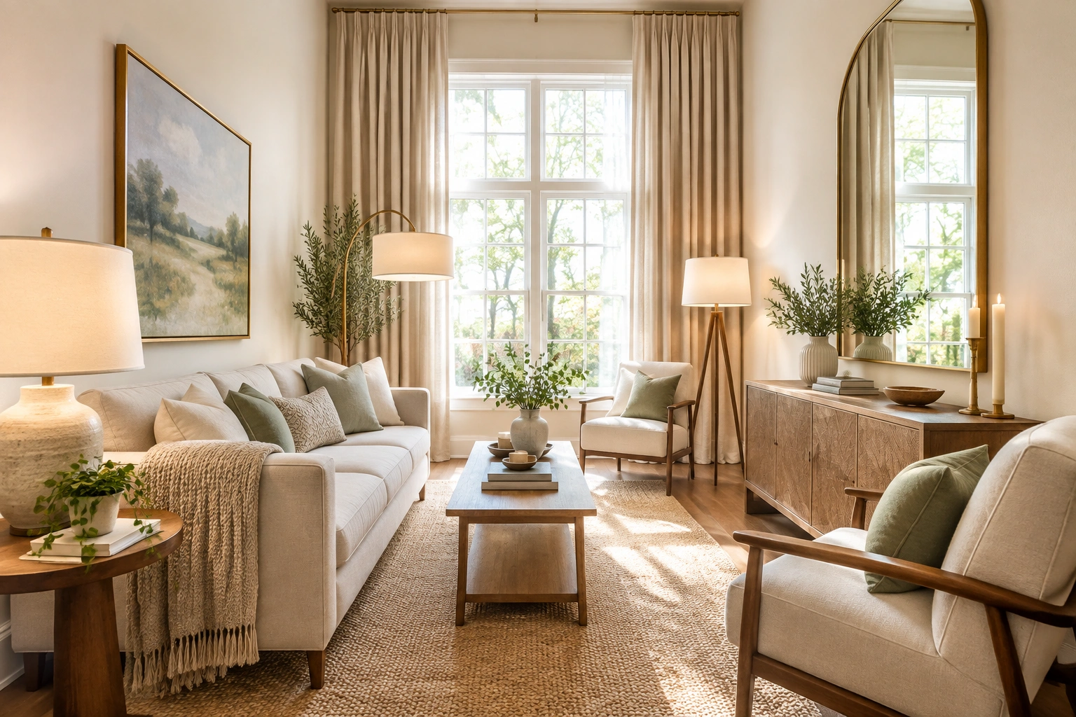Narrow living room with mirror reflecting light and tall curtains