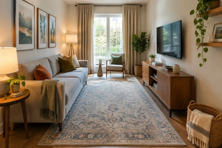 Narrow living room layout with open center and slim sofa placement