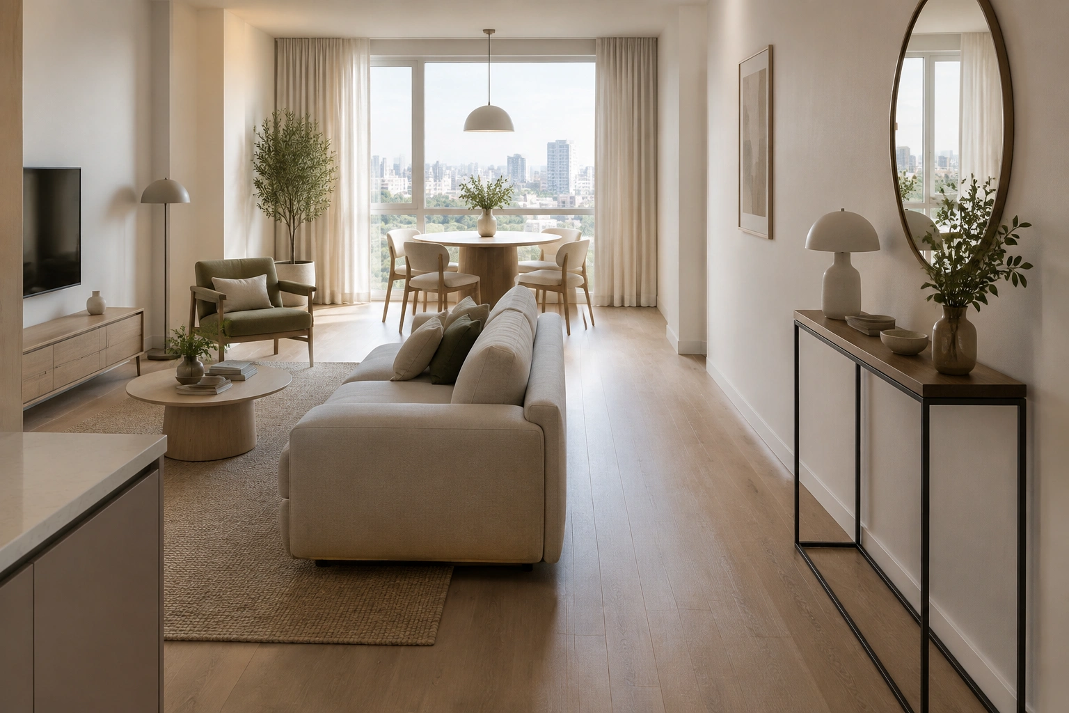 Narrow open-plan living room with floating sofa and round dining table