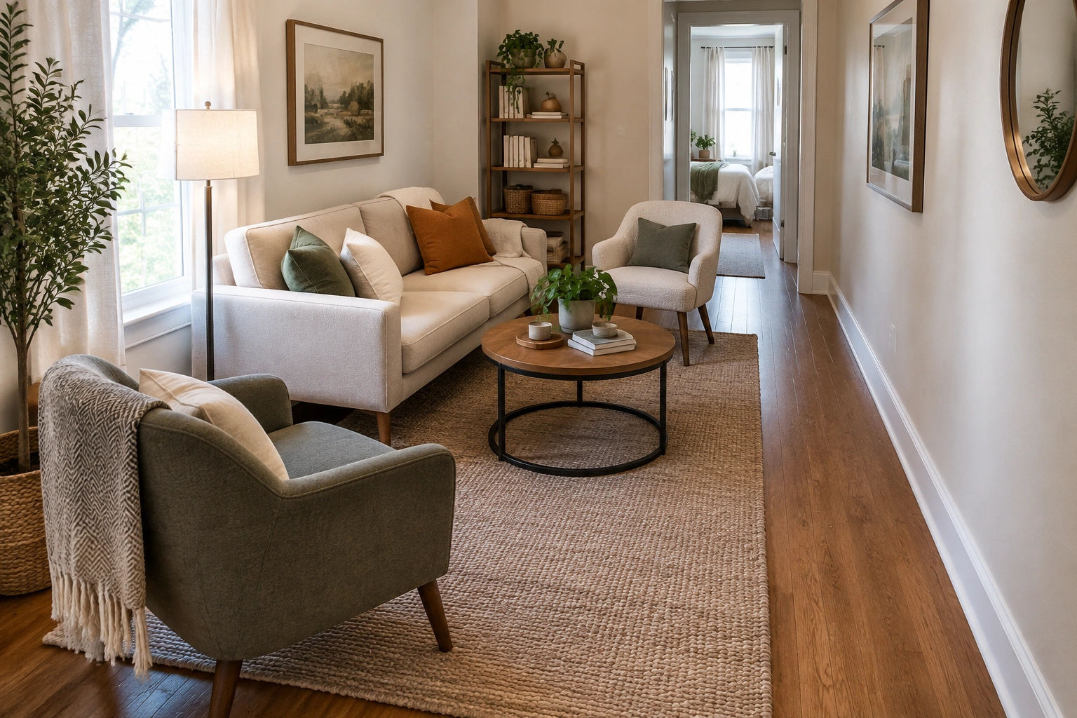Narrow small living room with a floated loveseat, one chair across from it, and a round coffee table with clear walkways