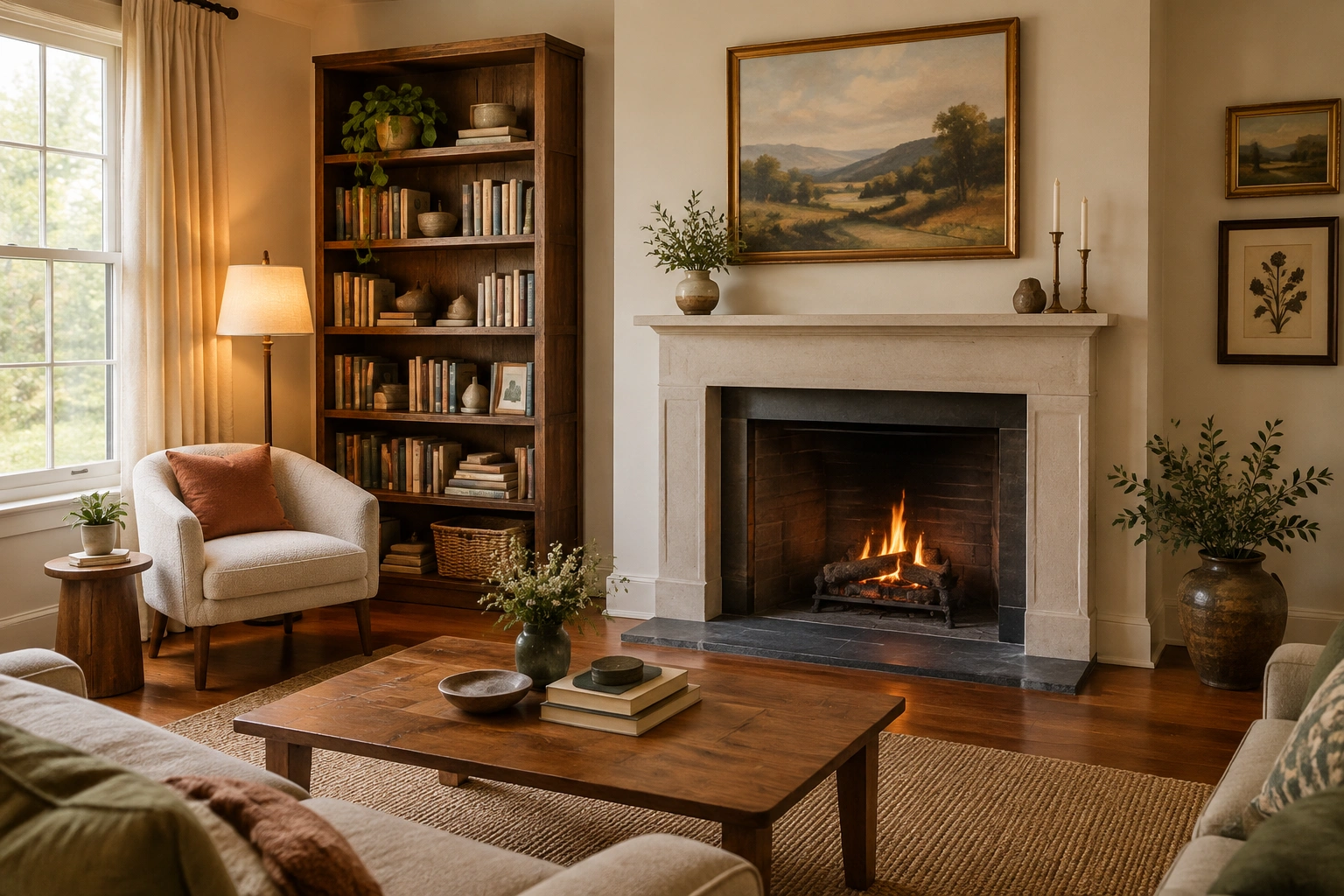 Small living room with off-center fireplace balanced by art, lamp, and chair