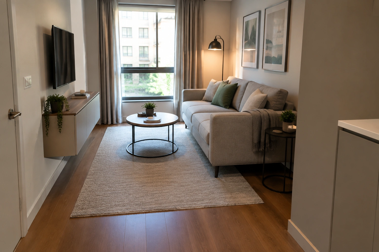 Partial floating furniture arrangement in a narrow small living room