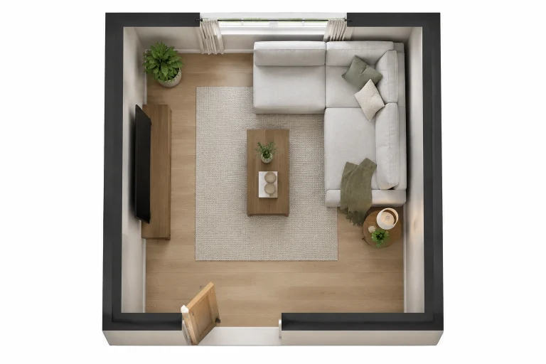 Top-down layout of a compact sectional in a 10x10 living room with open walkway