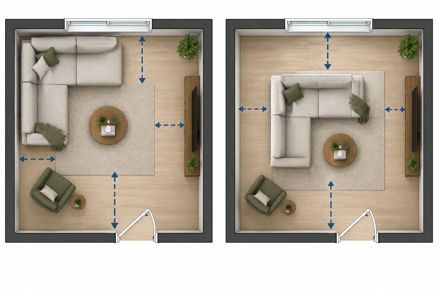Comparison of corner placement and floating sectional placement in a 10x10 square living room