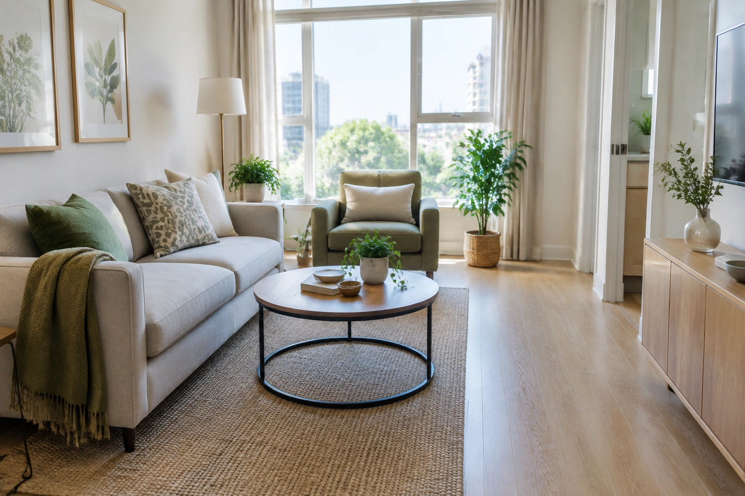 Small apartment living room with sofa, chair, round coffee table, and clear walkway
