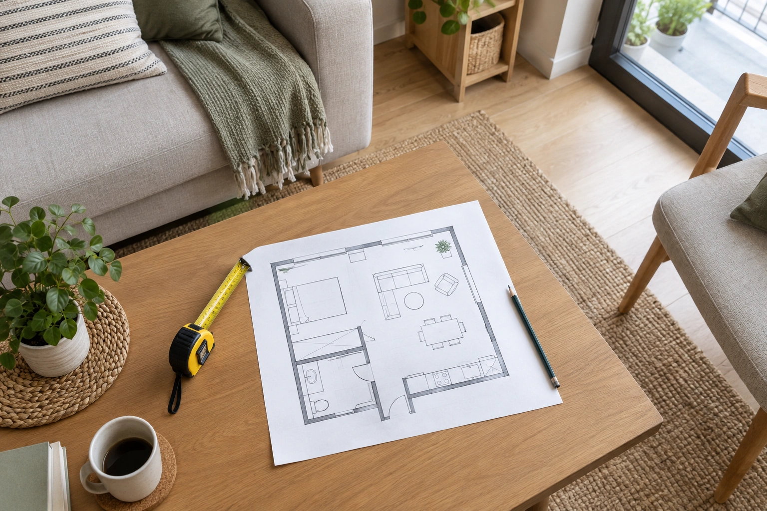 A small apartment living room layout sketch with a tape measure and marked doors and windows