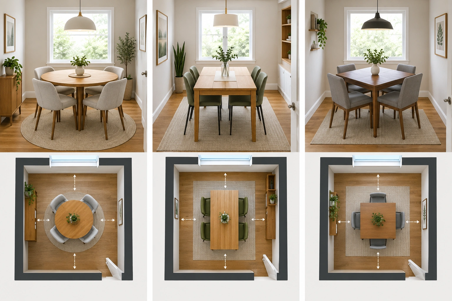 Comparison of round rectangular and square tables in a small room