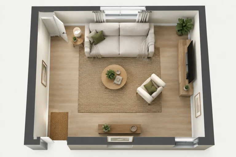 Small living room layout with the main anchor furniture placed first