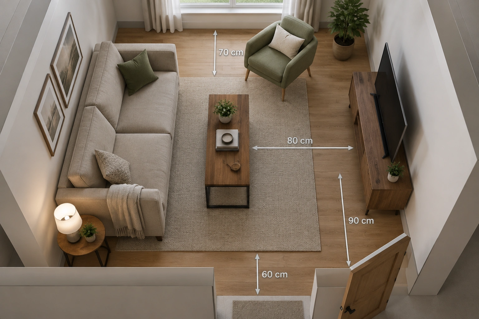 Small living room furniture arrangement with clear walkway space around sofa and table