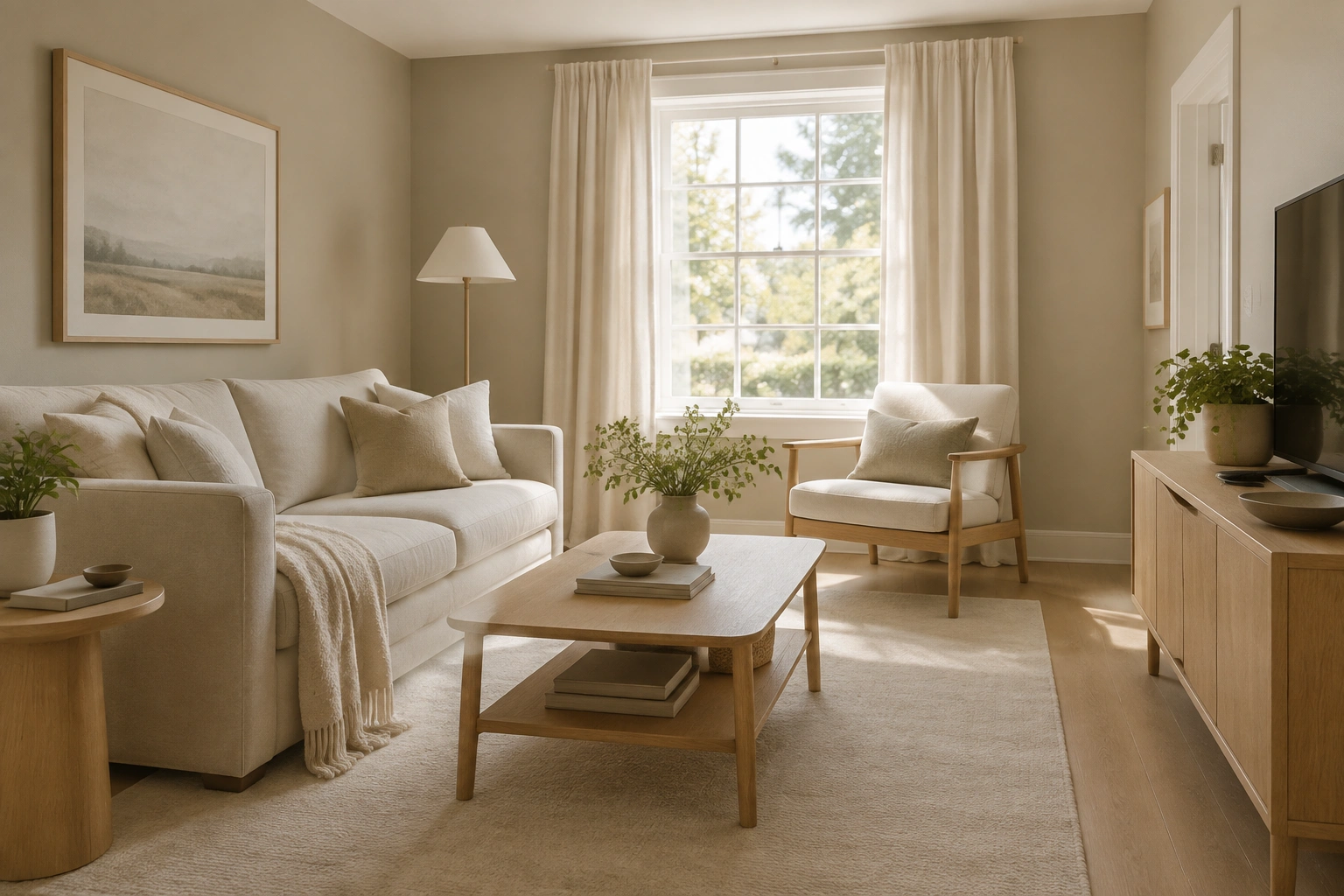 Small living room styled with coordinated greige walls, cream curtains, and light wood accents