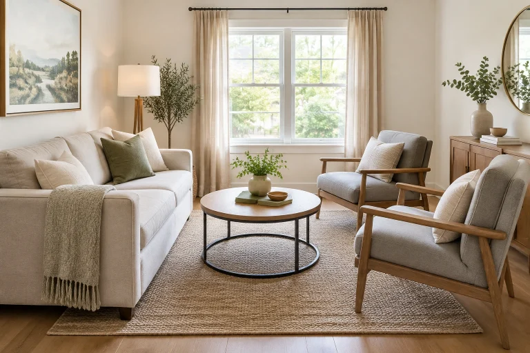 Small living room arranged with a sofa and two chairs facing each other around a coffee table