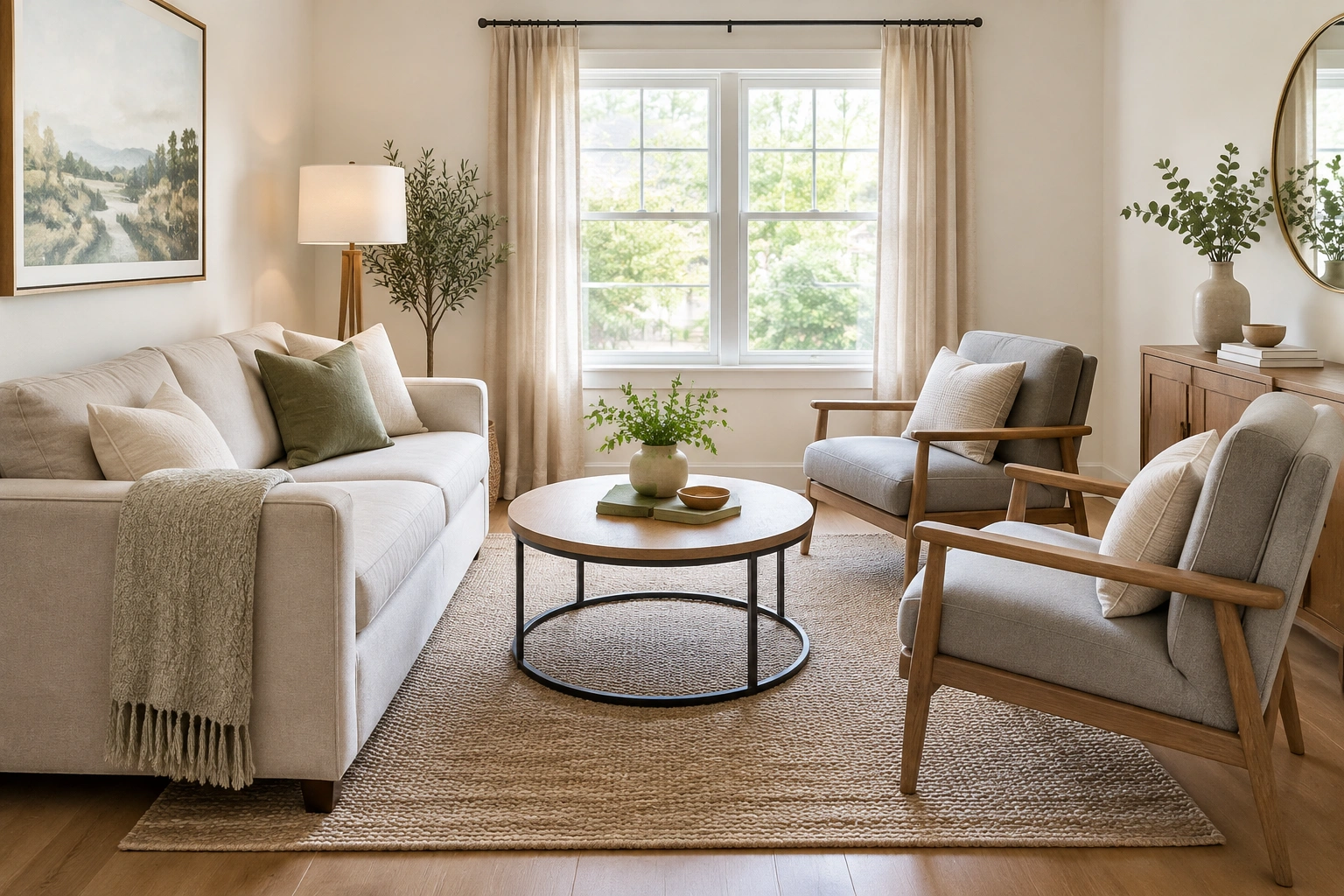 Small living room arranged with a sofa and two chairs facing each other around a coffee table