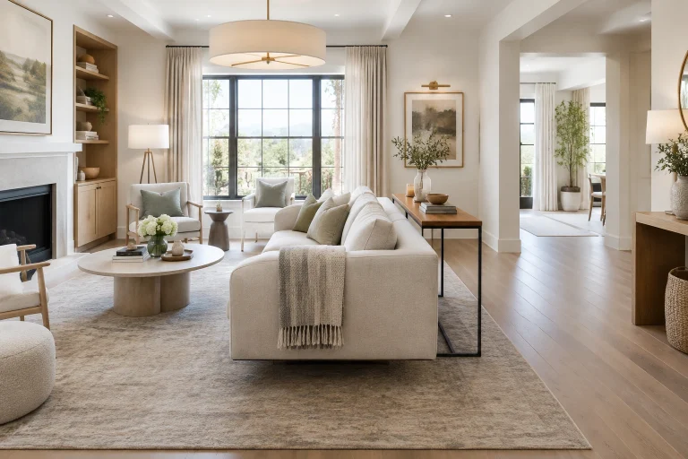 Small living room with floating sofa, open walkway, and light colors