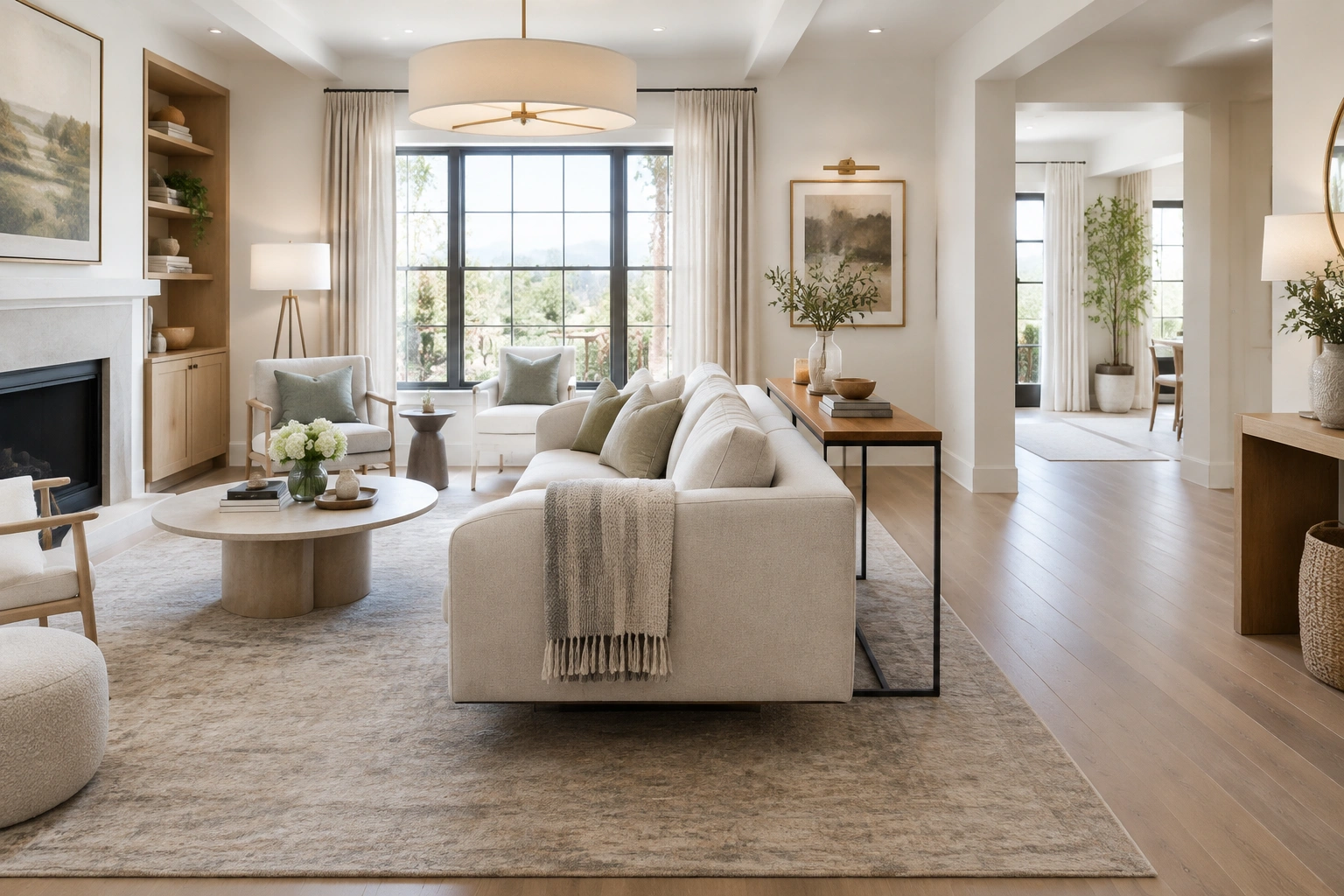 Small living room with floating sofa, open walkway, and light colors