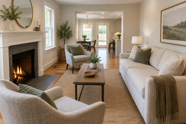Small living room with fireplace layout showing clear walkways and compact seating