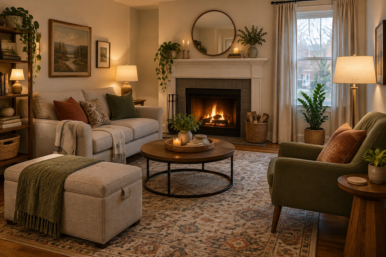 Small fireplace room with loveseat accent chair and storage ottoman arranged compactly
