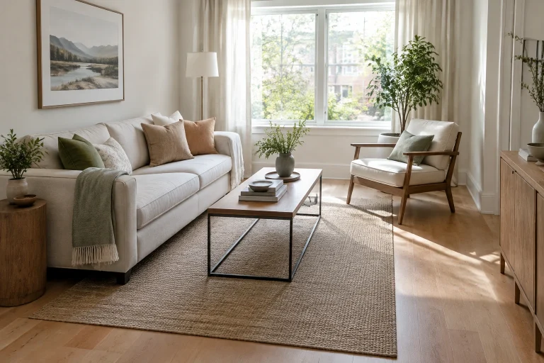 Small living room furniture arranged around a rug with clear walking space