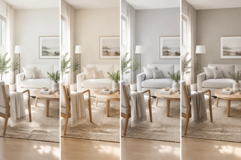 Small living room with off-white, cream, and pale gray color options