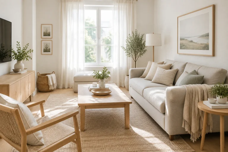 Small living room with soft white and pale neutral walls