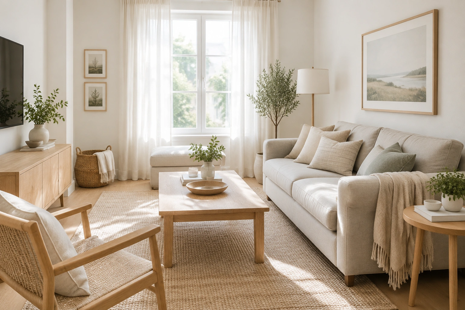 Small living room with soft white and pale neutral walls